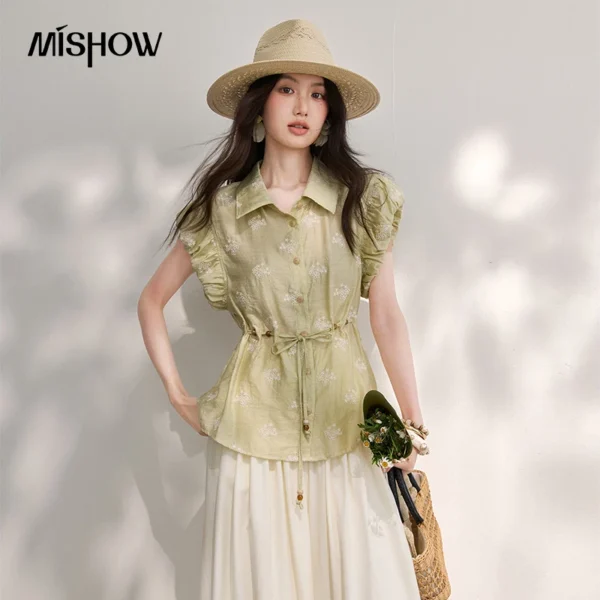MISHOW Women’s Green Embroidery Shirt 2026 Summer Lapel Collar Ruffle Sleeve Drawstring Waist Slim Commute Casual Top MXF28C2509