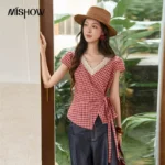 MISHOW Women’s Gingham Plaid Wrap Blouse 2026 Summer Lace V Neck Side Tie Waist Blouses Slim Short Sleeve Retro Top MXF20X2737