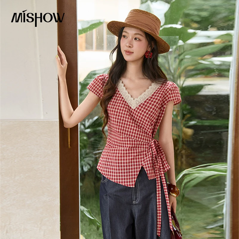 MISHOW Women's Gingham Plaid Wrap Blouse 2026 Summer Lace V Neck Side Tie Waist Blouses Slim Short Sleeve Retro Top MXF20X2737 1