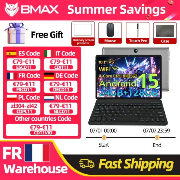 BMAX I9 Plus Tablet 10.1” 1280*800 IPS 24(4+20)GB RAM 128GB ROM 6000mAh Type-C Rockchip RK3562 2-Core Android 15 Tablets WIFI 6 Bluetooth 5.4 Camera
