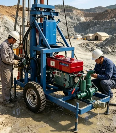 Small Diesel Water Well Drilling Rig And Water Drilling Machine Onboard Mud Tank Saves Extra Field Mud Pool Building 1