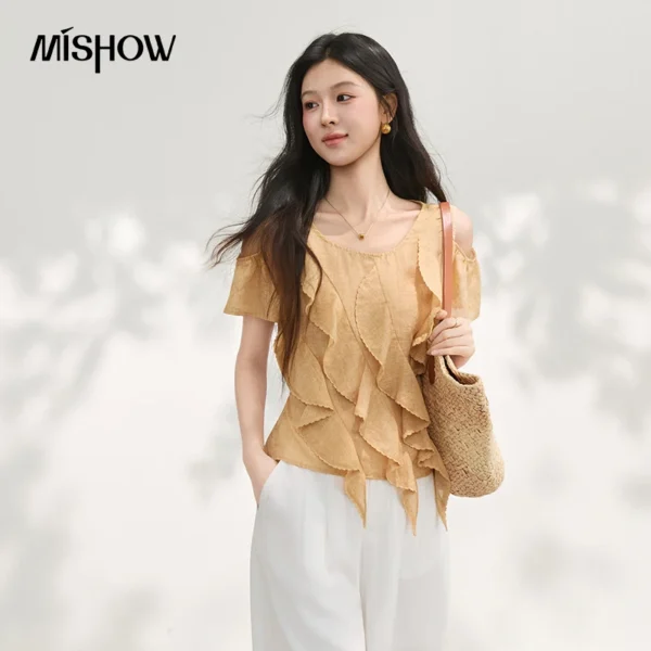 MISHOW Lyocell Ramie Blend Blouse Summer O-Neck Off-Shoulder Irregular Ruffle Splicing Slim Elegant Casual Blouses MXF27X2686