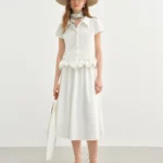 DUSHU Plus-size Women’s Fashion Set 【White Camellia】 Ruffled Stylish Elegant Top and Half Skirt Summer New 25DS82486+25DS82487