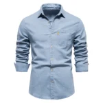 AIOPESON Autumn New Cotton Men’s Denim Shirt Solid Color Single Pocket Casual Long Sleeve Shirt Autumn Jeans Shirt for Men