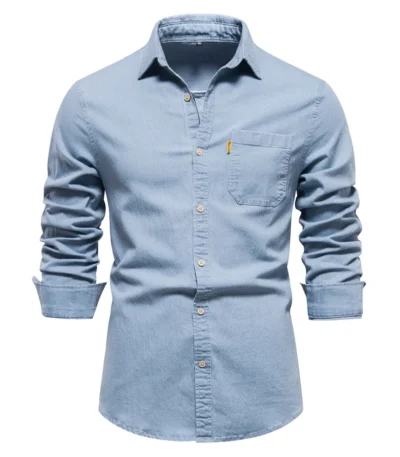 AIOPESON Autumn New Cotton Men's Denim Shirt Solid Color Single Pocket Casual Long Sleeve Shirt Autumn Jeans Shirt for Men 1