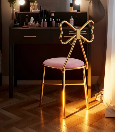 Pink Butterfly Back Vanity Stool Flannelette Makeup Chair Girl Dressing Stool Backrest Manicure Chair for Bedroom Dresser Salon