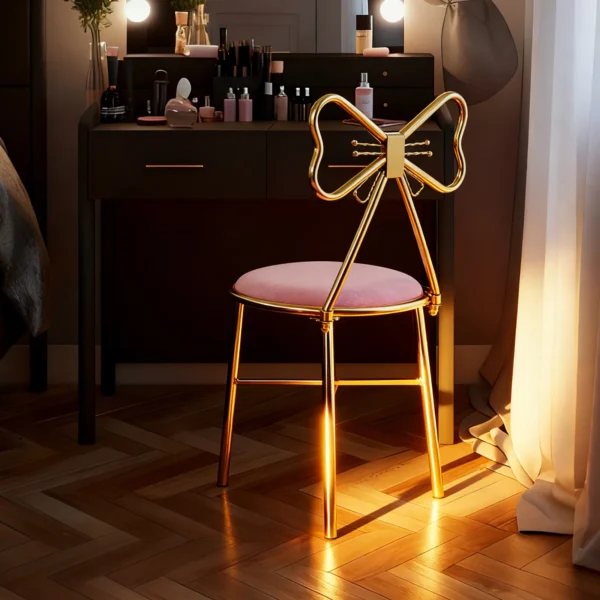 Pink Butterfly Back Vanity Stool Flannelette Makeup Chair Girl Dressing Stool Backrest Manicure Chair for Bedroom Dresser Salon
