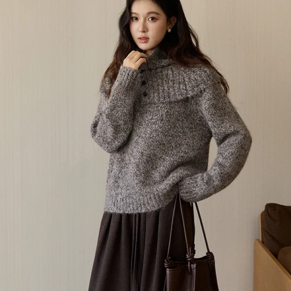 MISHOW Women’s Gray Knit Sweater with Neckwear Scarf 2025 Winter Textured Button Decor Loose Warm Pullover Sweater MXE94Z2978