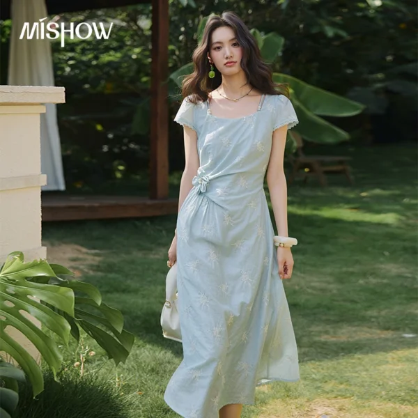 MISHOW Women’s Sea Salt Blue Floral Embroidery Midi Dress 2026 Summer Square Side Twist Knot Waist Fairy Long Dress MXF29L2752
