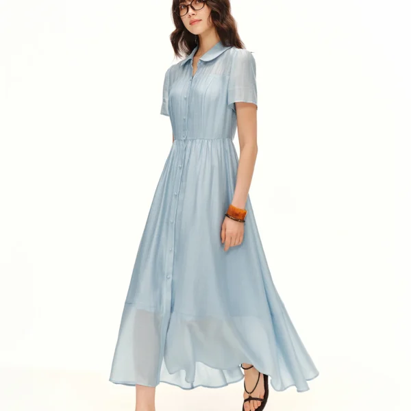 DUSHU 2026 Summer Women’s Peter Pan Collar Dress Tencel Linen Acetate Blend A-Line Midi Flattering Everyday Style Inclusive Size