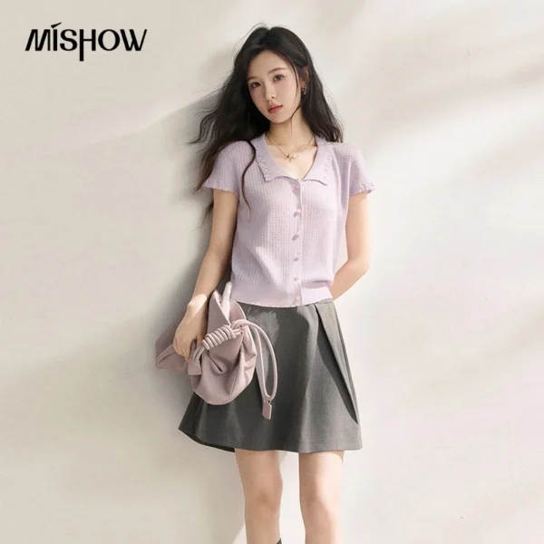 MISHOW New Linen Blended Collar Knitted T-shirt Short Sleeved Women’s 2026 Summer Wave Edge Casual Short Thin Top MXF21Z3105
