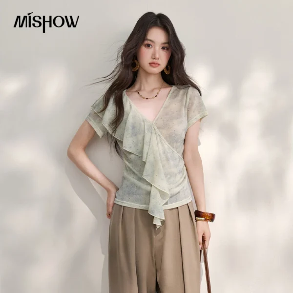 MISHOW Fashion 2026 Summer Gradient Blue Green Blended Polka Dot T-Shirt Women’s V-Neck Ruffles Edge Slimming Top MXF27T1661