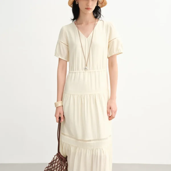 DUSHU 2025 Summer Women’s Curve-Flattering Tiered Hem Dress – French-Inspired Design & Breathable Linen for Hourglass Silhouette