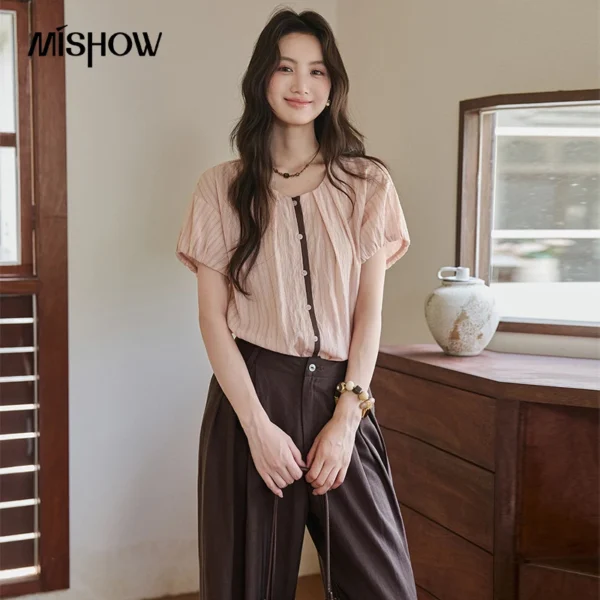 MISHOW Women’s Pink Vertical Stripe Blouse 2026 Summer Round Neck Contrast Placket Puff Short Sleeve Loose Blouses MXF20C2516