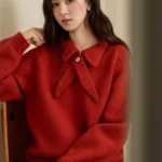 MISHOW New Year Women’s Red Knit Sweater 2025 Autumn Winter Lapel Bow Collar Button Sweater Loose Warm Pullover Top MXE94Z2981