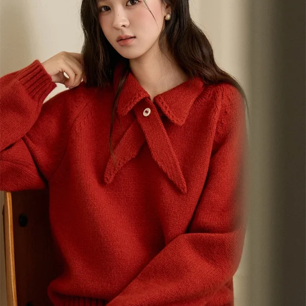 MISHOW New Year Women’s Red Knit Sweater 2025 Autumn Winter Lapel Bow Collar Button Sweater Loose Warm Pullover Top MXE94Z2981