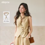 MISHOW Women’s Sleeveless V Neck Vest 2026 Summer Asymmetric Button Belted Waist Slim Solid Waistcoat Office Lady MXF27W1076
