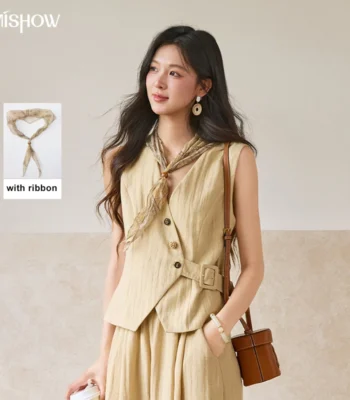 MISHOW Women's Sleeveless V Neck Vest 2026 Summer Asymmetric Button Belted Waist Slim Solid Waistcoat Office Lady MXF27W1076 1