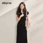 MISHOW Women’s Black Knit Midi Dress 2026 Summer New Polo Neck Half Zip Slim Fit Dress Elegant Casual Bodycon Dress MXF22L2633