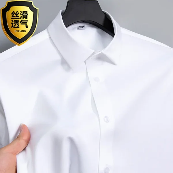Summer shirt, men’s white glossy non ironing shirt, men’s wrinkle resistant ice silk casual high-end seamless business shirt