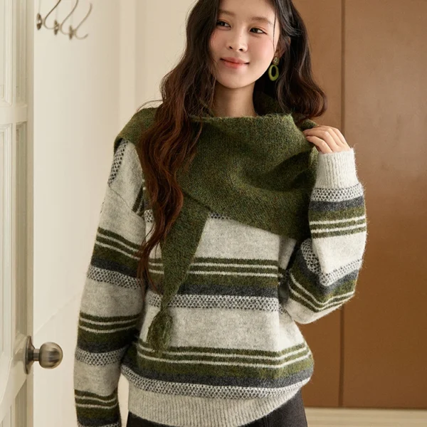 MISHOW Women’s Wool Blend Retro Striped Sweater with Scarf Set 2025 Winter Knitted Round Neck Warm Loose Sweaters MXE94Z2987