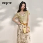 MISHOW Yellow Retro Design Lace Splicing V-Neck T-Shirt For Women 2026 Summer New Contrast Button Sweet Slimming Top MXF27T1665