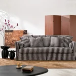 Retro black and white vertical striped linen fabric three seater sofa, removable and washable skirt, living room furniture