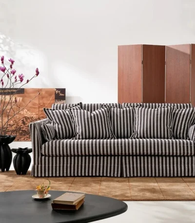 Retro black and white vertical striped linen fabric three seater sofa, removable and washable skirt, living room furniture