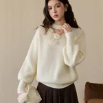 MISHOW Women’s Cutout Neck Knitted Sweater 2025 Winter Ruffle Flower Decor Dropped Lantern Sleeves Pullover Tops MXE94Z2982