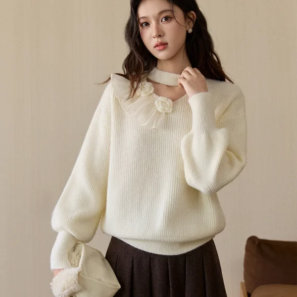 MISHOW Women’s Cutout Neck Knitted Sweater 2025 Winter Ruffle Flower Decor Dropped Lantern Sleeves Pullover Tops MXE94Z2982