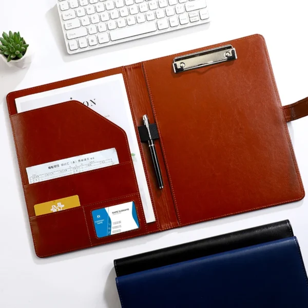 1Pc Texture PU Leather Multi-Functional Folder A4 Clip Pen Holder Card Slots – Business Office Meeting Organizer for Bank/Sales