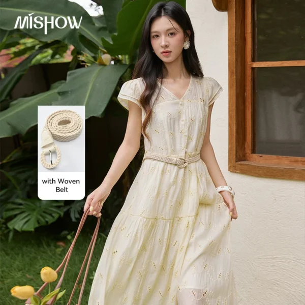 MISHOW Women’s Eyelet Embroidery Midi Dress 2026 Summer Double Cap Sleeve Woven Belt Waist Beige Elegant Long Dresses MXF29L2776