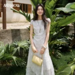 MISHOW French Floral Jacquard Midi Dress Summer Ruched Waist Irregular Fishtail Dress Solid Long Dress with Necklace MXF28L2738