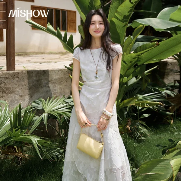 MISHOW French Floral Jacquard Midi Dress Summer Ruched Waist Irregular Fishtail Dress Solid Long Dress with Necklace MXF28L2738
