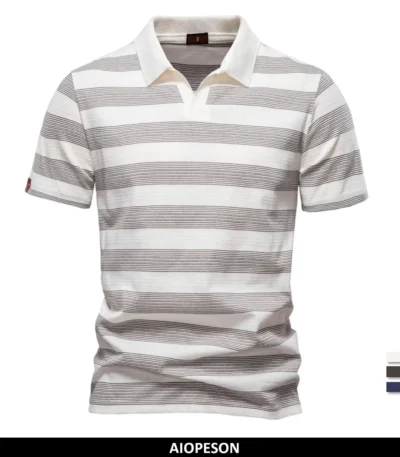 AIOPESON 2025 New Summer Striped V Neck Cotton Polo Shirts for Men Breathable Short Sleeve Casual Knit Shirts Comfort Fit 1