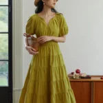 DUSHU Solid Women V-Neck Summer Long Dress Stepped Pleated Skirt Heavy Industrial Slimming Dress French Casual Female Dresses