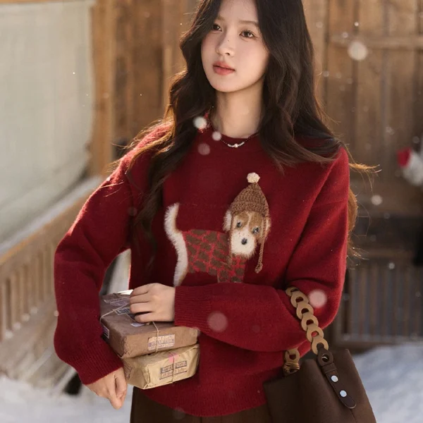MISHOW New Year Women’s Red Knitted Sweater 2025 Autumn Winter Dog Pattern Crew Neck sweaters Warm Loose Pullover Top MXE93Z2811