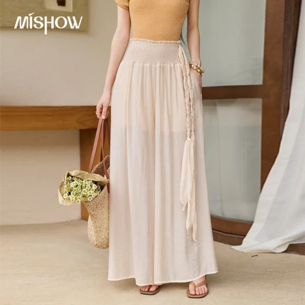 MISHOW Women’s High-Waist Smocked Waist Wide Leg Skirt Pants 2026 Summer Solid Lightweight Breathable Casual Pants MXF27K2722