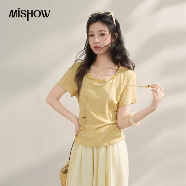 MISHOW Women Chinese Style Knit T-shirt 2026 New Summer Tassel Tie Waist Ruched Slim French Casual Daily Short Tops MXF16T1576