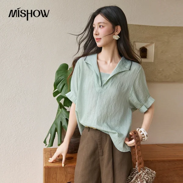 MISHOW Women’s Contrast Stripe Blouse 2026 Summer Linen Blend Top Lapel Embroidery Trim Roll Up Short Sleeve Blouses MXF29C2510