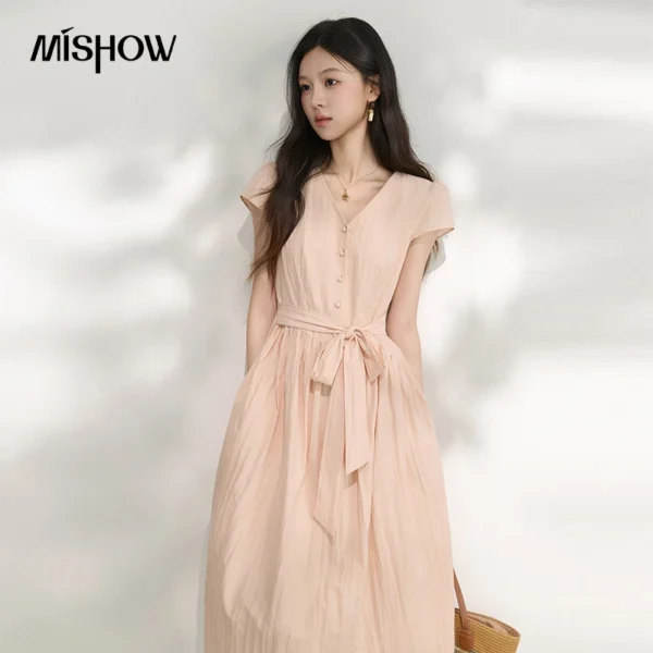 MISHOW Women’s Pink Textured Midi Dress 2026 Summer Korean V Neck Button Front Self Tie Waist Elegant Long Dresses MXF28L2780