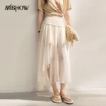 MISHOW New Irregular Lace Splice Chiffon Skirts 2026 Summer High Waist Slit Pleated Design French Style Long Skirts MXF24B2505