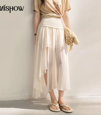 MISHOW New Irregular Lace Splice Chiffon Skirts 2026 Summer High Waist Slit Pleated Design French Style Long Skirts MXF24B2505 1