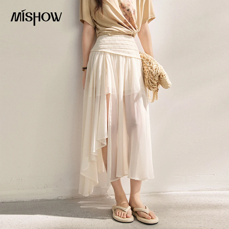 MISHOW New Irregular Lace Splice Chiffon Skirts 2026 Summer High Waist Slit Pleated Design French Style Long Skirts MXF24B2505 1