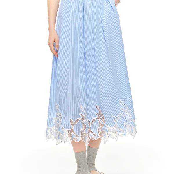 DUSHU Striped Lace Hollow Out Embroidered Midi Skirt Women New Summer 2026 Korean Style Blue High-waisted A-line Skirt