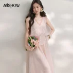 MISHOW Women’s Pink Ramie 2 Piece Outfit 2026 Summer Sleeveless V Neck Cropped Tank Top Mesh Layer Midi Skirt Set MXF20T1719