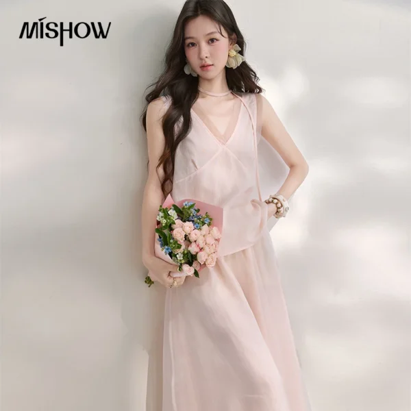 MISHOW Women’s Pink Ramie 2 Piece Outfit 2026 Summer Sleeveless V Neck Cropped Tank Top Mesh Layer Midi Skirt Set MXF20T1719