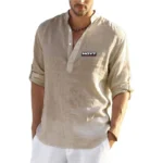 HOYT Archery Huntinger Bows Men Cotton Linen Blouse Summer V Neck Long Sleeve Loose Button Solid Color Male Shirt