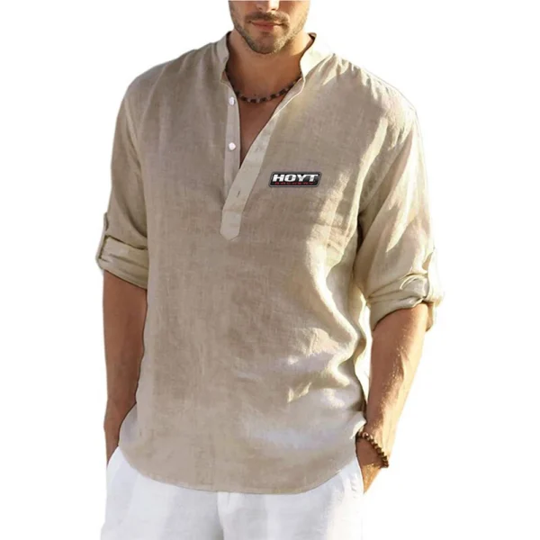 HOYT Archery Huntinger Bows Men Cotton Linen Blouse Summer V Neck Long Sleeve Loose Button Solid Color Male Shirt