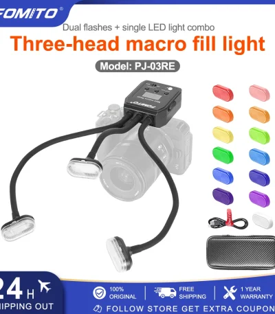 FOMITO Mini Macro Flash Three-Head Diffuser 8 Brightness Level Adjustable LED Light Assist Focusing Built in Lithium Battery